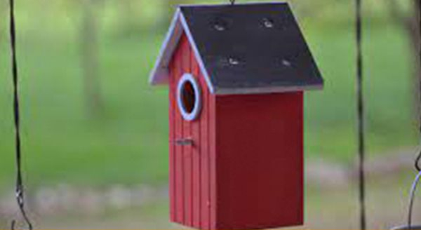 a red-colored bird house