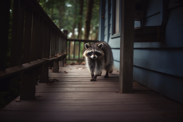 a raccoon cautiously walking across a porch
