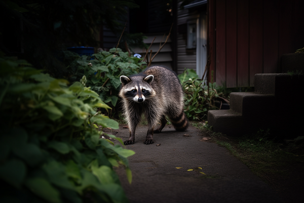 a raccoon cautiously walking across the yard