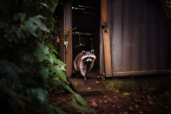 a raccoon cautiously walking out of a shed