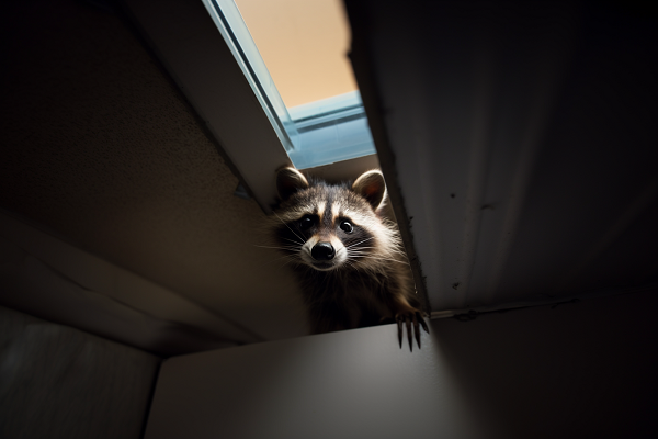 a raccoon curiously peeking through a hole