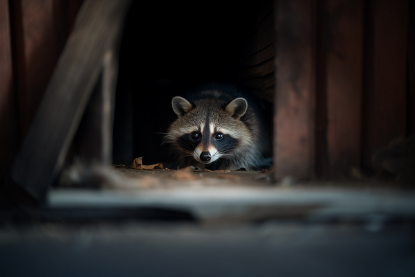 a raccoon peeking from under