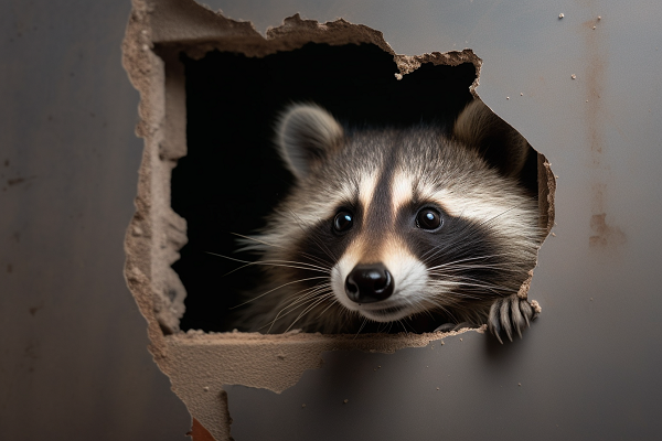 raccoon peeking from inside a small hole in the dry wall