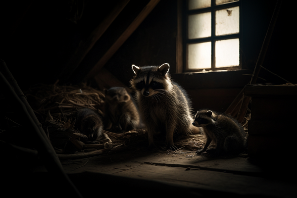 raccoon with kits in a dimly lit attic