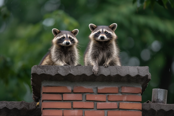 raccoons peeking from chimney cap